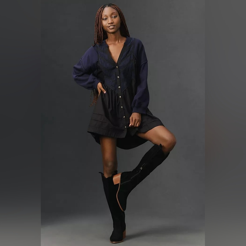 Anthropologie x Pilcro Navy Blue & Black Cotton Long-Sleeve Twofer Mini Dress XL